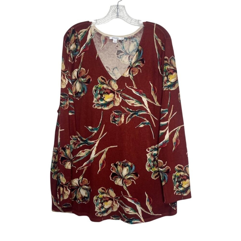Chicos Floral Impression Pullover Sweater Vneck XL New Smoked Paprika Long Sleev